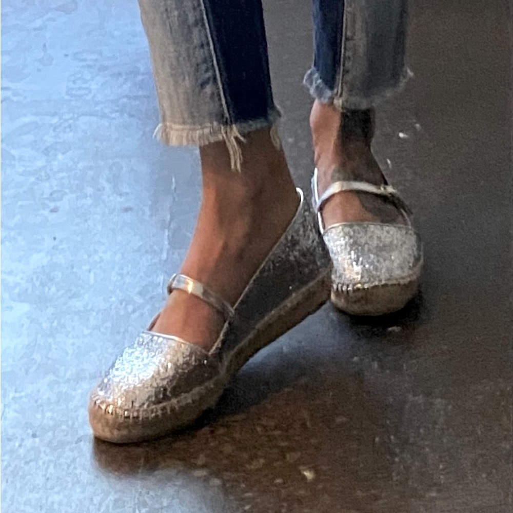 Frances Valentine Katherine Sparkle Silver Glitter Flat Buckle Espadrille 37 6.5